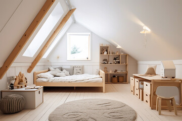 Childs bedroom in a loft conversion bright play space wooden frame bed shelving with table and chair large dormer window round rug on wooden floorboards childrens interior room design