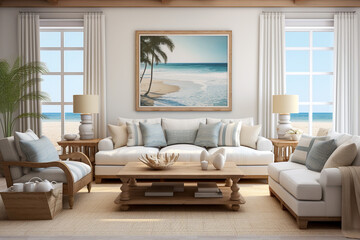 Spacious family living room in a beachfront house large sofa with cushions side chairs solid wood coffee table large framed wall art print of a Palm Beach above sofa table lamps two large windows