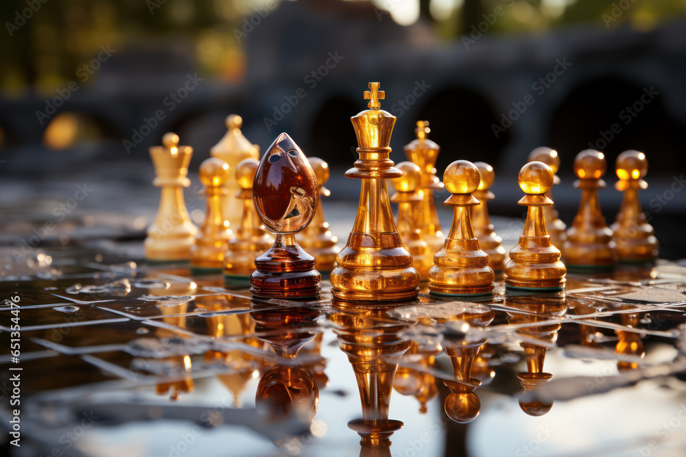 Poster a chessboard with pieces in positions that reflect ethical decision-making in a complex world. gener