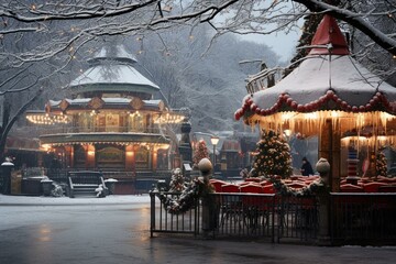 Winter scene at Tivoli Gardens in Copenhagen, Denmark with a snow-covered tree and a carousel in the background. Generative AI