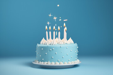 Blue birthday cake with candle on a baby blue background.
Happy birthday concept, copy space, empty space, web banner
