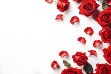 Red roses on a white background for copy space text. Web banner. Empty space