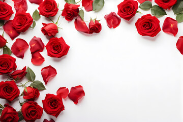 Red roses on a white background for copy space text. Web banner. Valentine's day concept