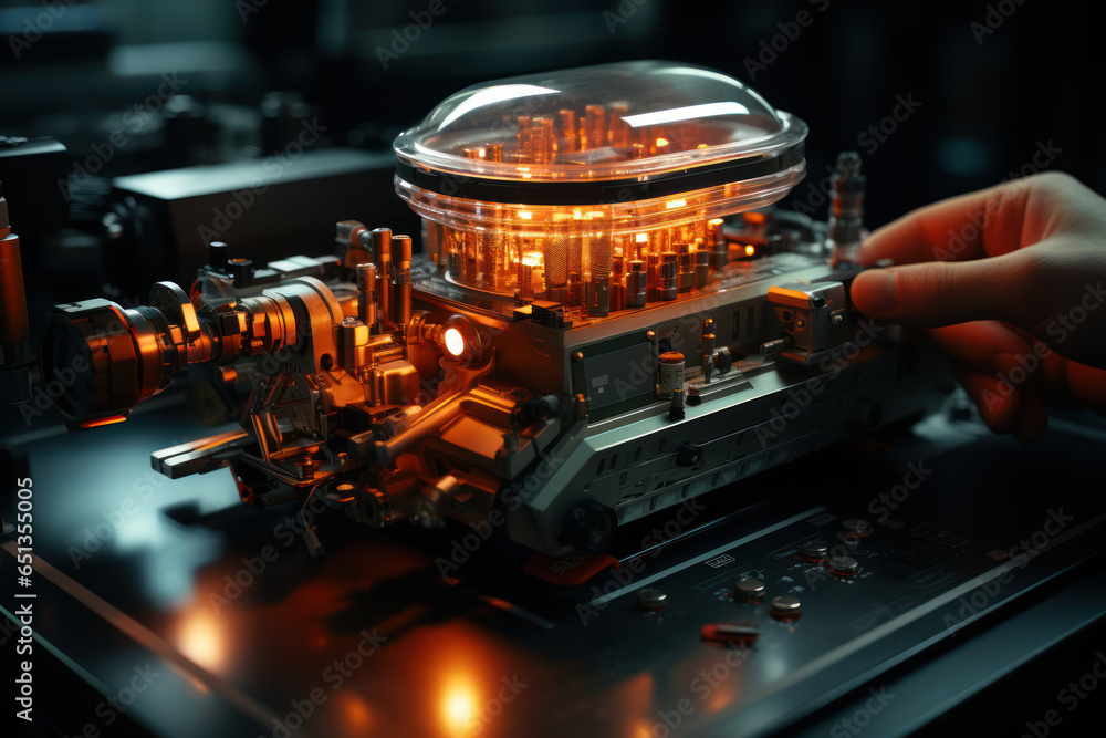 Poster a person's hand holding a quantum microscope, emphasizing the precision in quantum imaging. generati