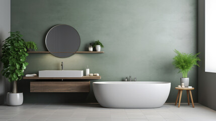 Interior of modern bathroom with white walls, tiled floor, wooden bathtub and round mirror. 3d rendering. Ai generative.