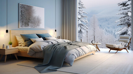 3d rendering of a modern bedroom in winter with snow covered trees. Ai generative.
