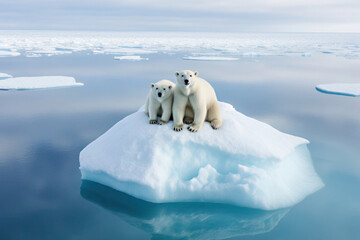 Two polar bears sitting on iceberg or ice, icebergs are rapidly melting due to climate change