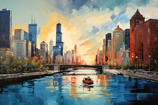 Painting of Chicago cityscape. Generative AI