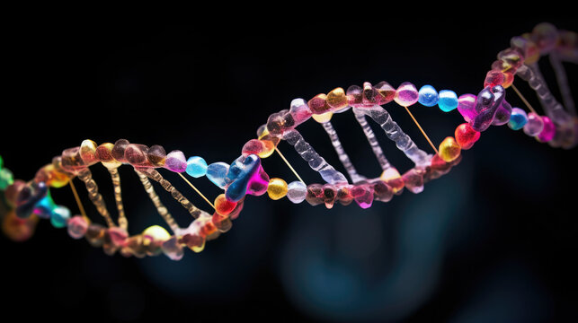 Generative AI, DNA helix on a colored background, genetics, cell structure, molecule, microscope image, genome, chromosome, medical analysis, biological research, chemical science, evolution, heredity