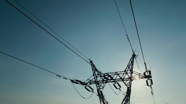 high voltage wire power supply line, electricity transmission, aerial view 4k