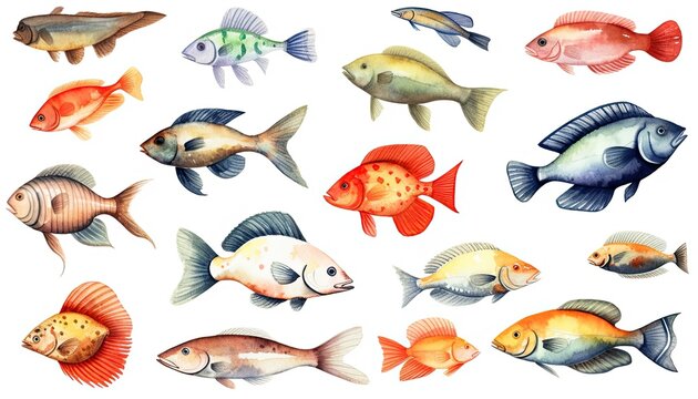 Watercolor fish, different species, isolated on white background.
