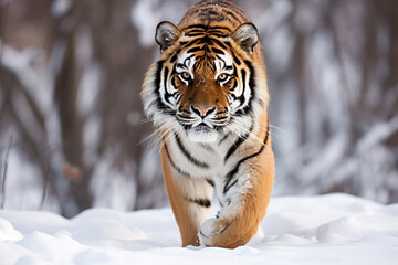 Siberian tiger walking in the snow, front shot