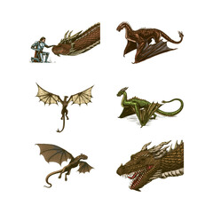 Set of Dragon in Vintage style. Mythological animal or traditional reptile. Symbol for tattoo or label. Engraved hand drawn line art old monochrome sketch, ink. Vector illustration. 