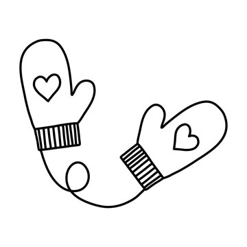 Pair of cute warm knitted mittens with heart pattern, doodle vector outline for coloring book