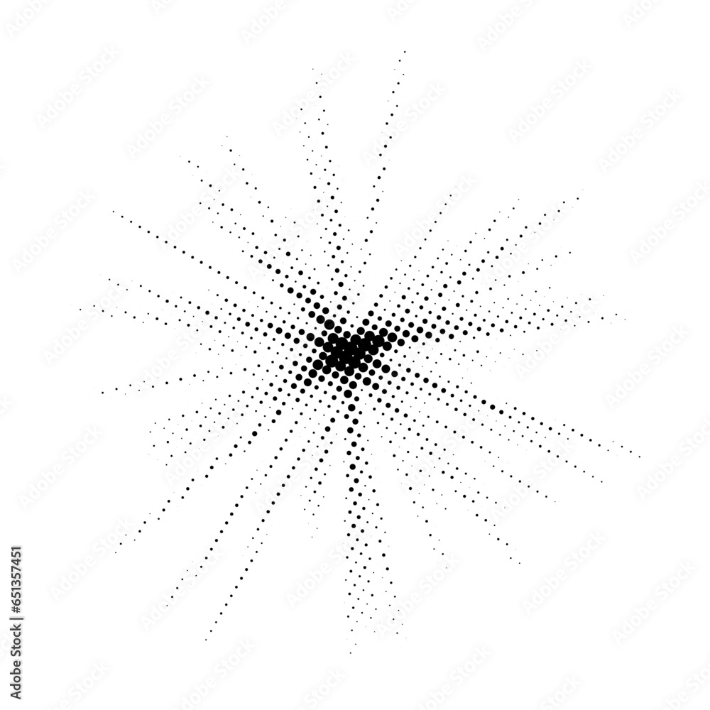 Poster Halftone burst background. Abstract dotted starburst element. Black light with grunge textured effect. Pop art style dots explosion. Retro noise grain shine star flare. Pixelated vector illustration