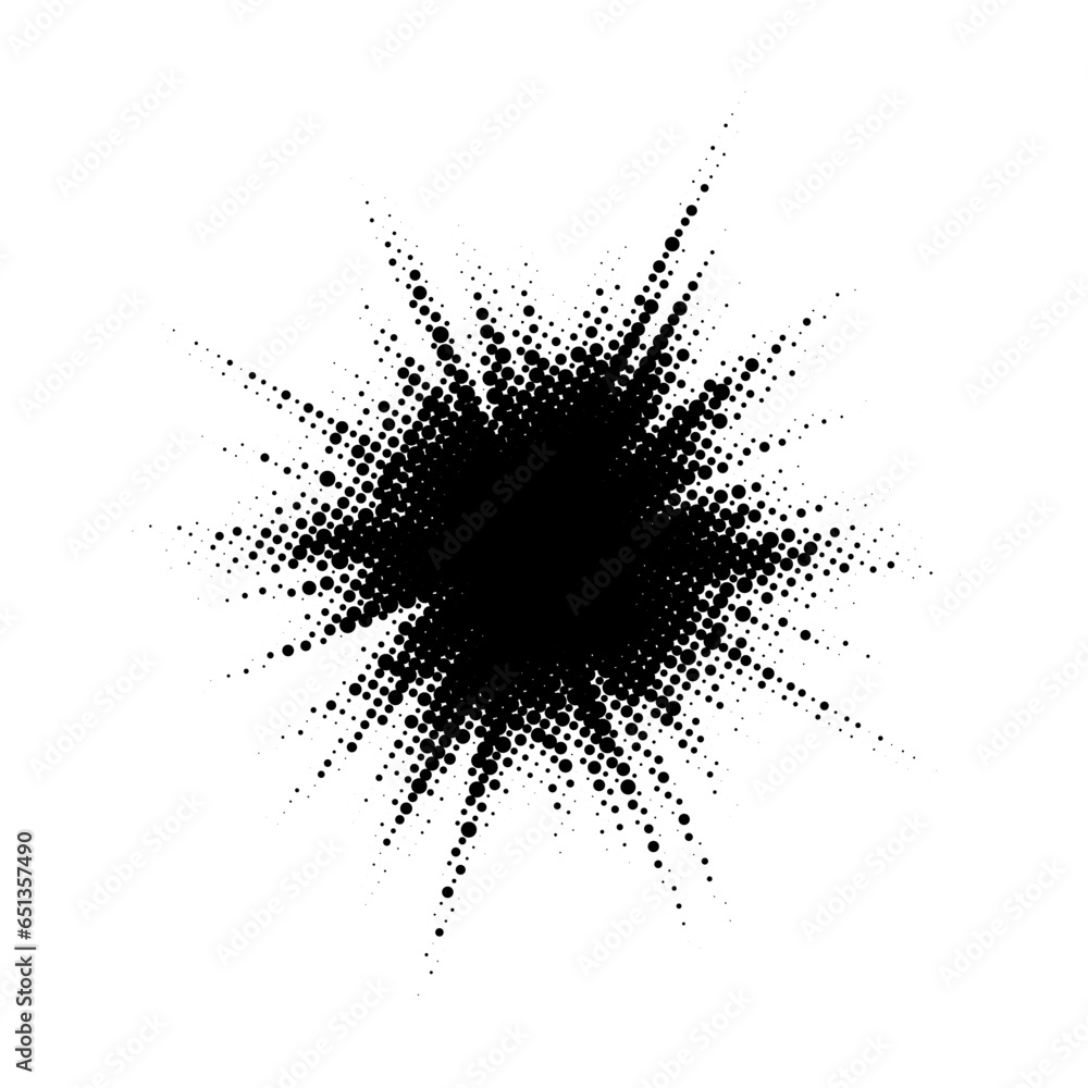 Poster Halftone burst element. Pop art style dotted explosion. Black light starburst with grunge textured effect Abstract retro noise grain shine star flare. Pixelated splash vector illustration