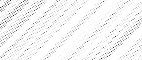 Obraz premium Halftone diagonal striped texture. Black and white dotted oblique faded gradient. Grunge noise slanted lines background. Abstract pop art and comic wallpaper. Vector pixelated backdrop