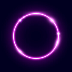 Bright pink neon circle frame. Glowing electric lights round form. Illuminated shining design element for banner, poster, cover. Purple radial circular flare. Vector illustration