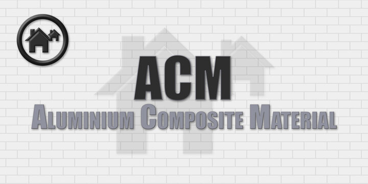 ACM Aluminium Composite Material. An Acronym Abbrevation of a term from the construction industry.Illustration isolated on a background consisting of a wall of gray stones.