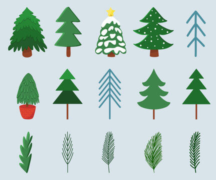 Set of different styles Christmas trees, pine and branches, winter holidays design elements, vector