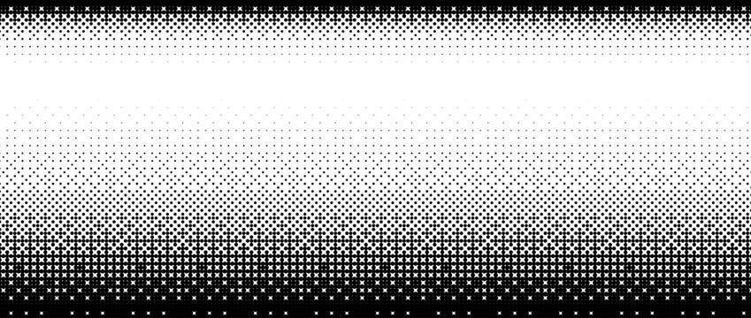 Pixelated bitmap gradient texture. Black and white dither pattern background. 8 bit video game screen wallpaper. Retro glitchy pixel art illustration. Abstract vector wide border