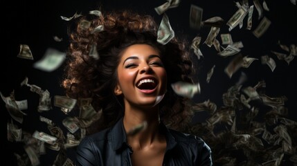 A woman really happy and excited with money falling around her. Generative AI.  - obrazy, fototapety, plakaty