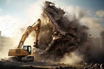 Demolition excavator with crusher on rig. Generative AI - obrazy, fototapety, plakaty