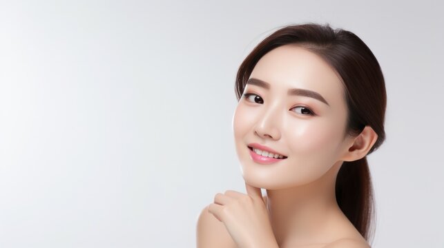 Beautiful young asian woman portrait with clean fresh skin on white background, Face care, Facial treatment, Cosmetology, beauty and spa.