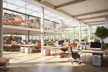 3D rendering showing an open office layout. Generative AI