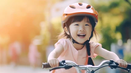 Deurstickers Cute little asian girl having fun by riding bicycle. Cute kid in safety helmet biking outdoors. natural light. © Pro Hi-Res