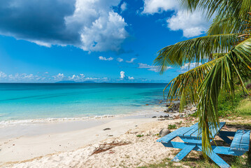 Caribbean landscape with a blue bench in foreground and an idyllic sea in backgorund. Tropical...