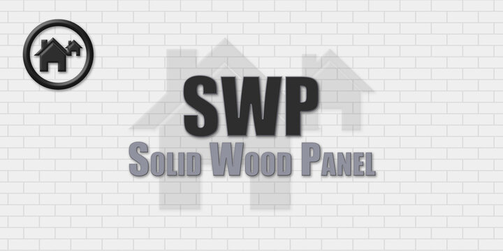 SWP Solid Wood Panel. An Acronym Abbrevation of a term from the construction industry.Illustration isolated on a background consisting of a wall of gray stones.