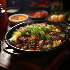 A delicious serving of wagyu beef over fried rice.  Generative AI. 