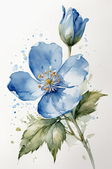 A delicate small blue flower with petals painted in watercolor, on a white background 