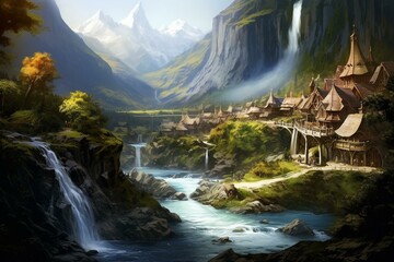 Artwork illustrating the picturesque town of Rivendell in 'Lord of the Rings'. Generative AI