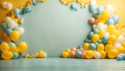 Naklejka na ściany i meble balloons over yellow wall background. Backdrop with copy space