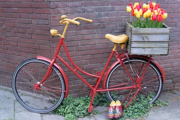 Türaufkleber Colorful vintage bicycle in front of an old brick wall with tulips in a bicycle box © VideoMeile