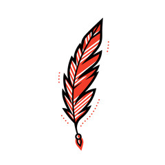 Feather bead vector icon in minimalistic, black and red line work, japan web