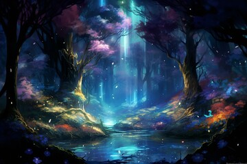 A breathtaking scenery with vibrant flora, ethereal woods, and mesmerizing luminescent phenomena. Generative AI