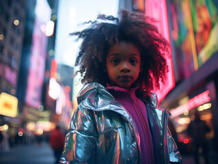 Obraz premium Fashionable little black girl on city street with neon lights.