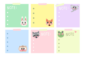 Set of simple vector notes or reminder with cute kawaii animals. Memo note organizer. Note, notes template for kids, for children