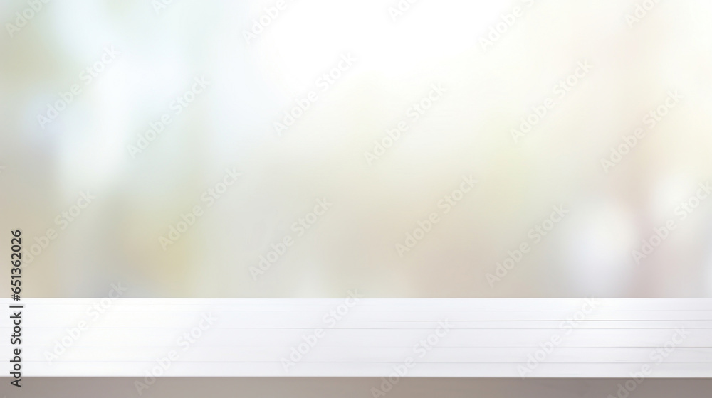 Poster empty white table blurred on soft light gently bokeh background