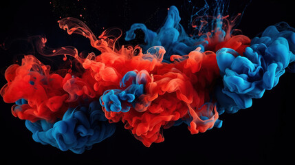 Blue and red paint in water on black background