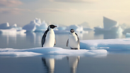 Fototapeta premium Two cute penguins on an ice floe.