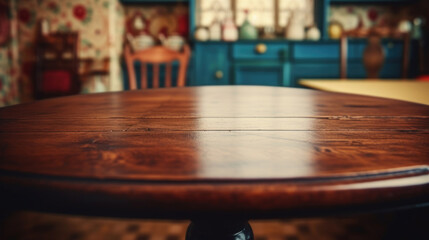 Obraz premium Old wooden empty table background on blurred vintage kitchen