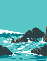 WPA poster art of surf beach at Rockpile Beach in the southern part of Heisler Park in Laguna Beach, California CA, United States of America USA done in works project administration.
- 651362233