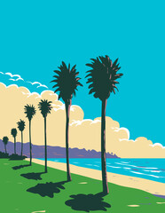 WPA poster art of surf beach at La Jolla Shores Beach in San Diego, California CA, United States of America USA done in works project administration.
