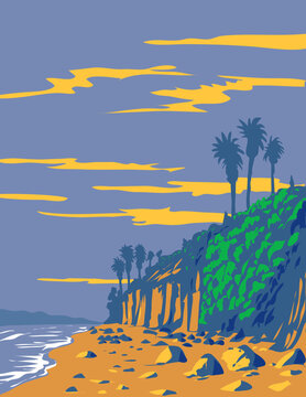 WPA poster art of surf beach at Beacon's Beach within Leucadia State Beach in the city of Encinitas, California CA, United States of America USA done in works project administration.
