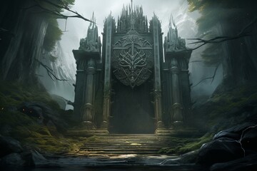 Concept art of the legendary entrance to Valhalla, set in a pine forest with a monumental Norse gate leading to the afterlife. Generative AI - obrazy, fototapety, plakaty