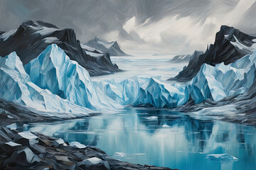 Abstract oil painting, Icelandic landscape with glacier  - obrazy, fototapety, plakaty